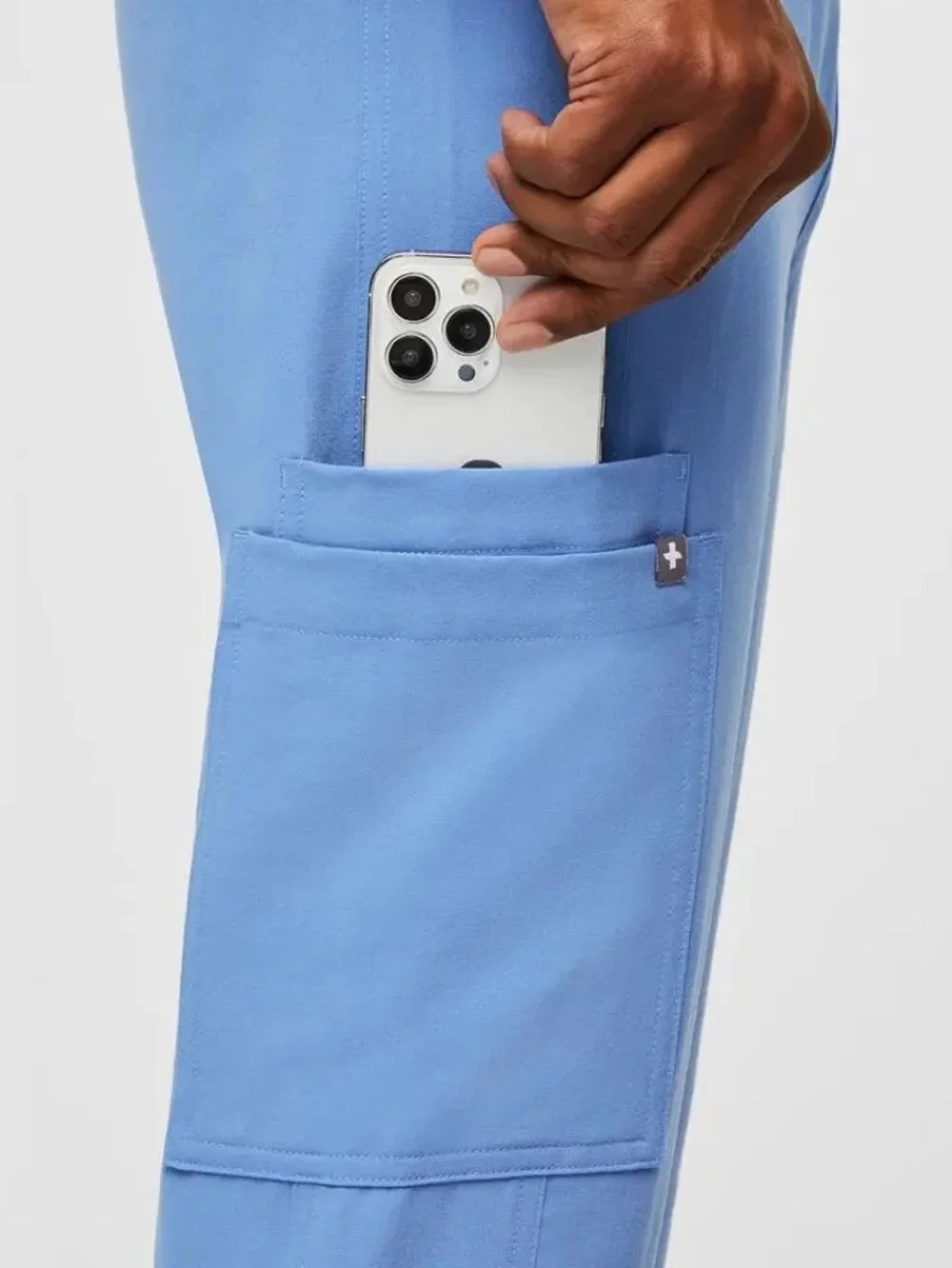 NEW FIGS Axim Straight-Leg Cargo Scrub Pants Pull-On 7-Pocket Ceil Blue